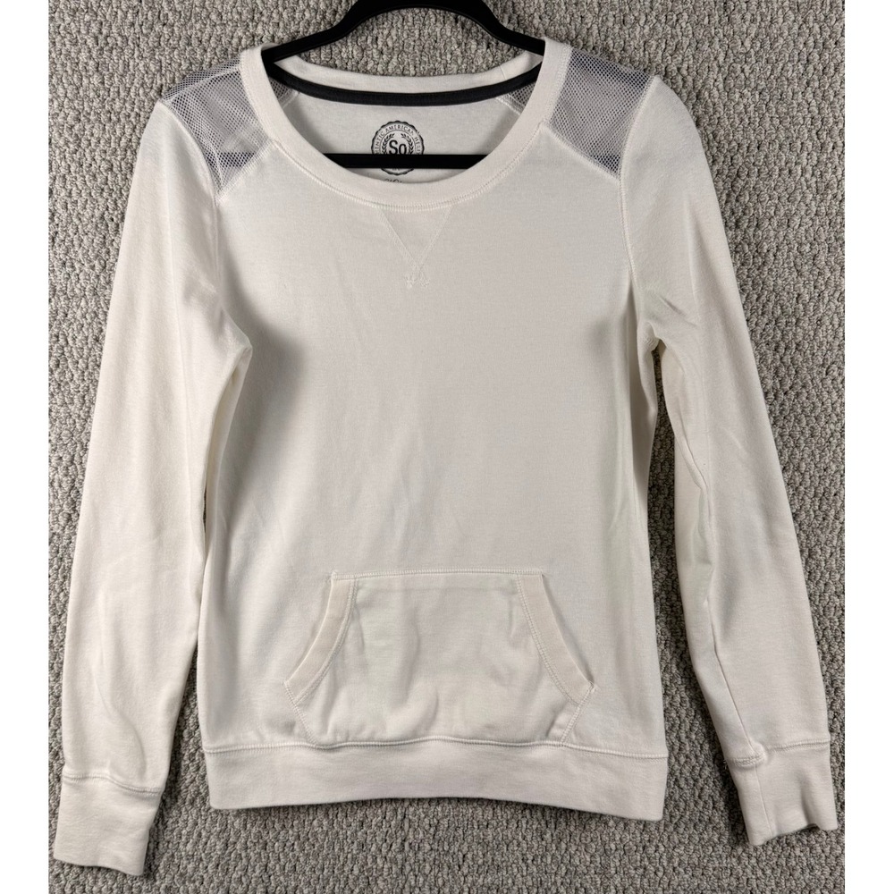 SO Sweatshirt Women Medium White Mesh Shoulder Kangaroo Pocket Pullover